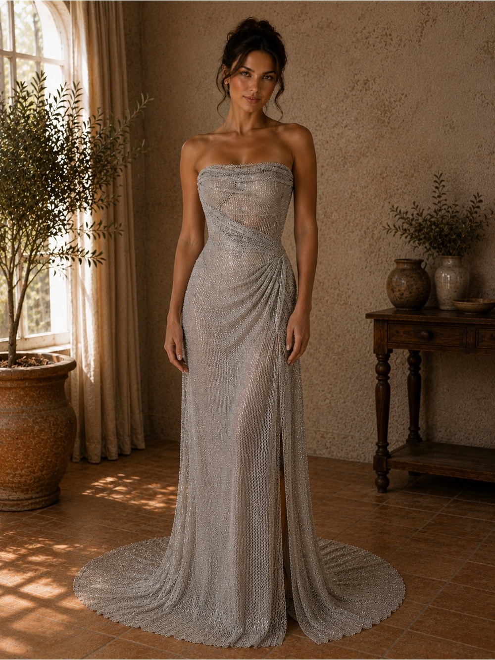 Watters Silver Beaded Strapless Wedding Gown with Gloves